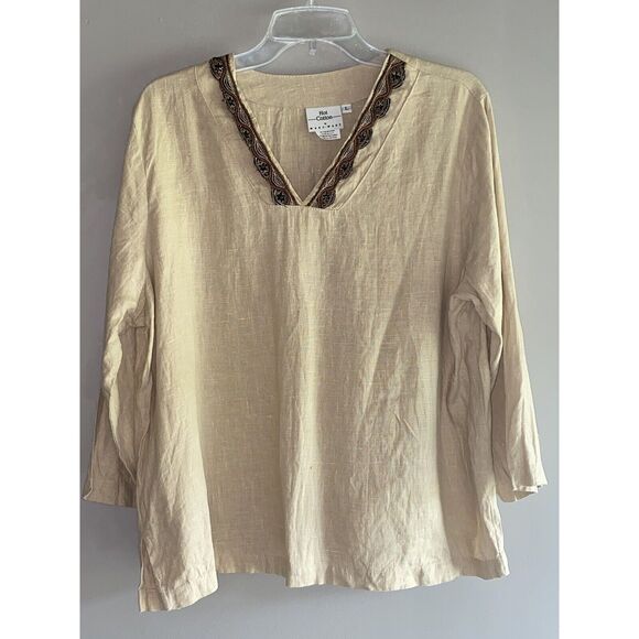 Hot Cotton Tops - Hot Cotton Marc Ware Linen Top Blouse Embellish Embroidery Beige Lagenlook Sz L